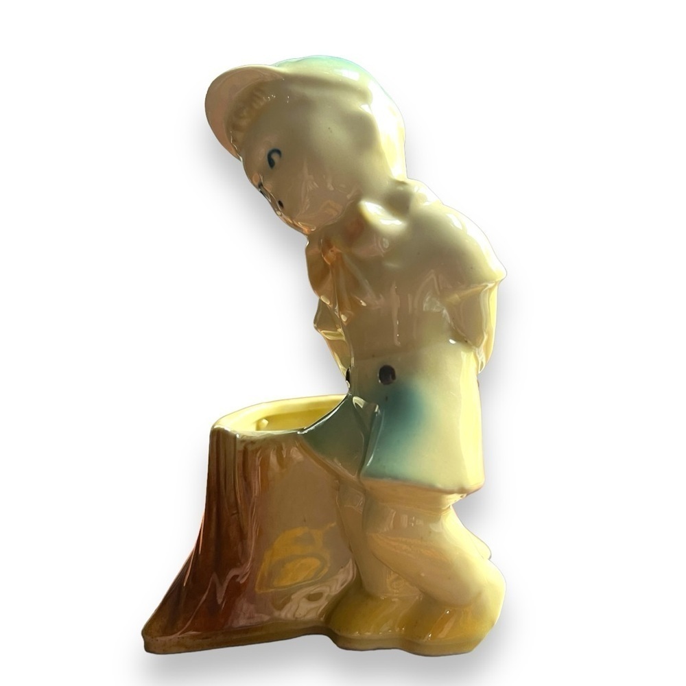 Vintage Whistling Mischievous Boy Tree Stump USA Ceramic Planter Pot Whimsical - Picture 2 of 8
